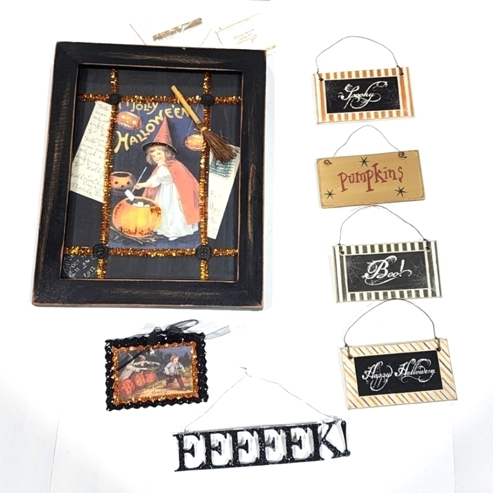 Lot of 7 Halloween decor shadow box witch frame wood plaque ornament decor